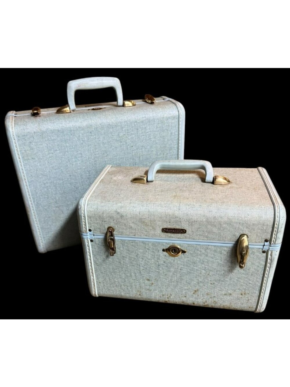 W/ KEYS Vintage 1950s Samsonsite Hawaiian Blue Sparkle Tweed Train Case+Suitcase